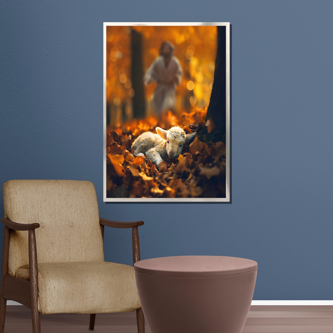 Lost Sheep Lamb in Autumn Leaves Jesus Behind Christian Poster - Image 5