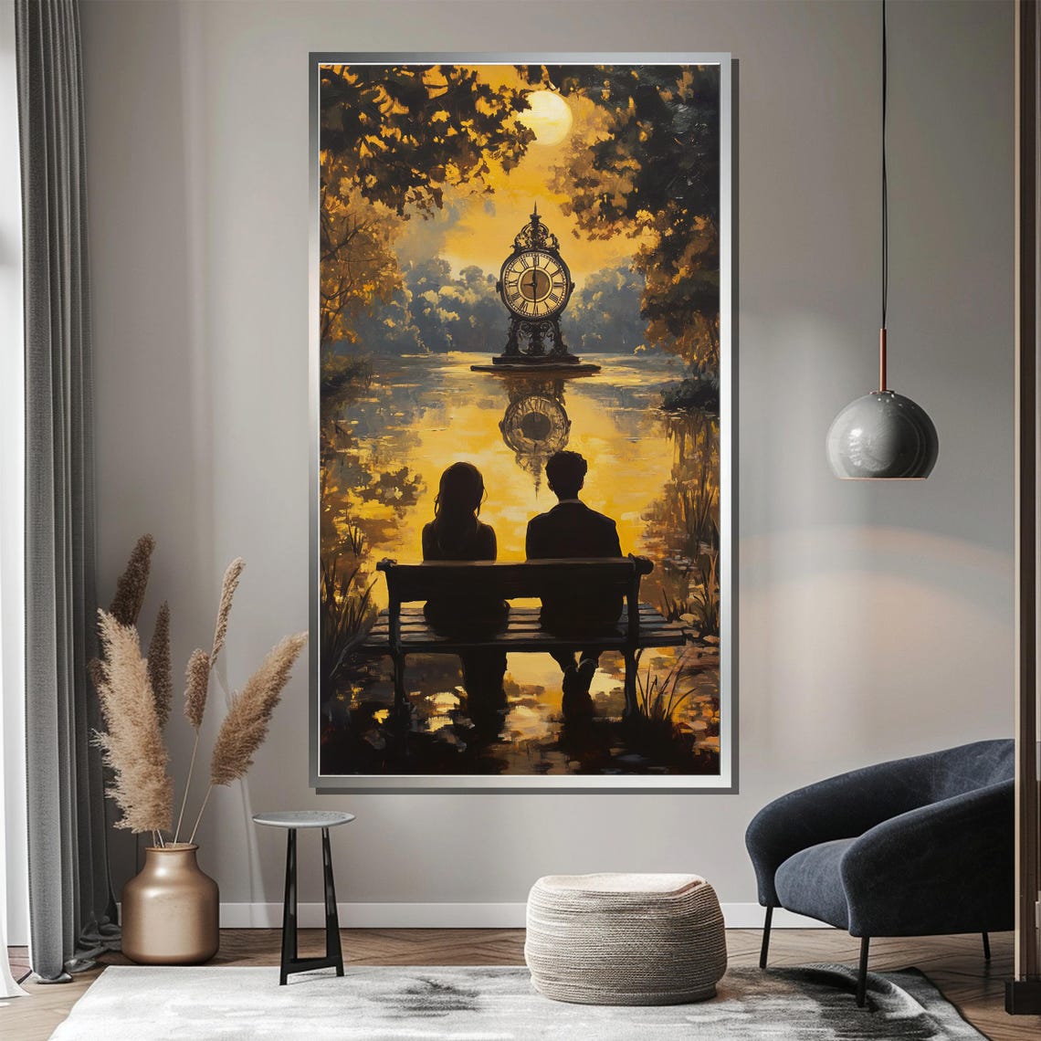 Romantic Couple On Bench Before Clock Moon Lake Dream Art Poster - Image 4