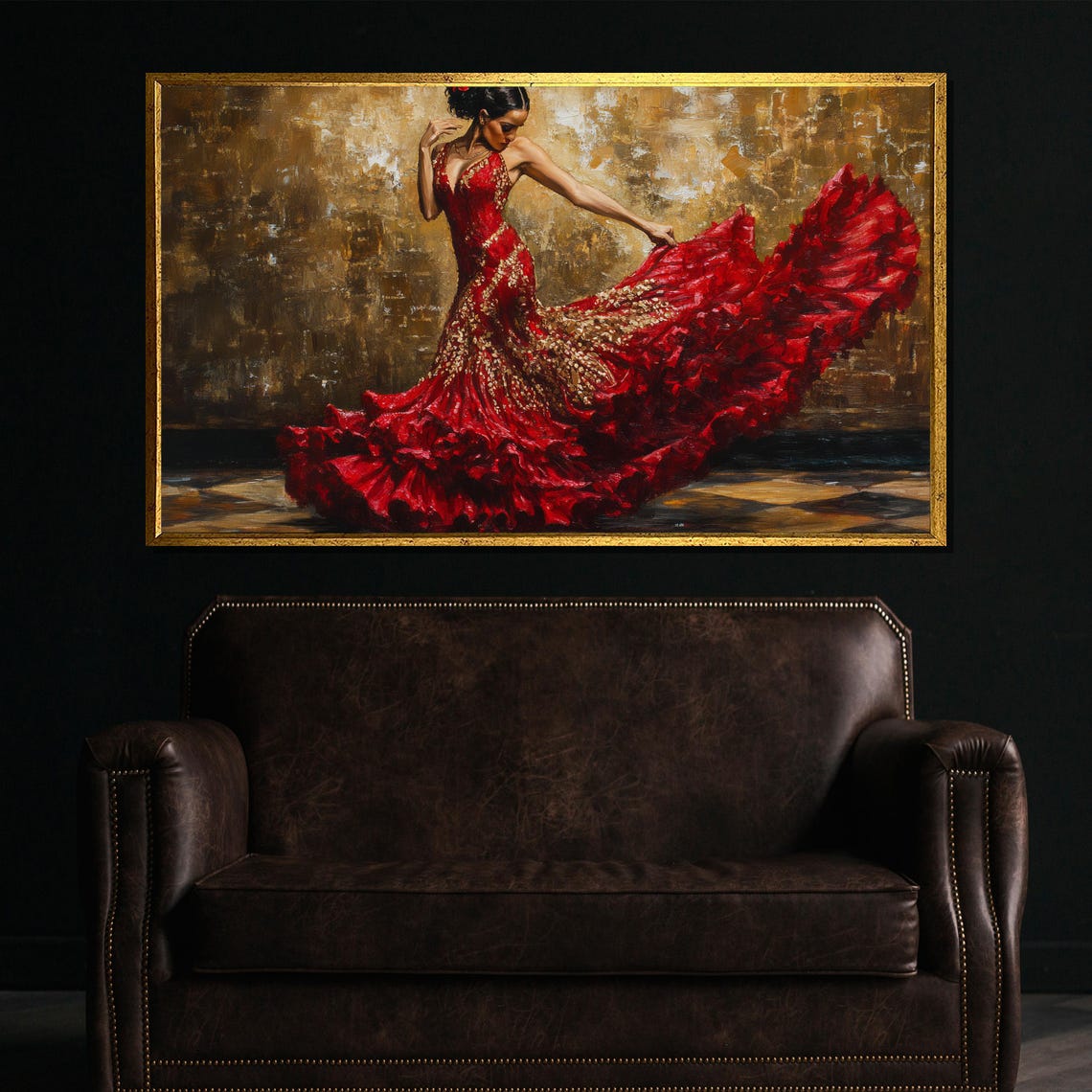 Flamenco Dancer in a Scarlet Ruffled Gown on Golden Canvas Poster