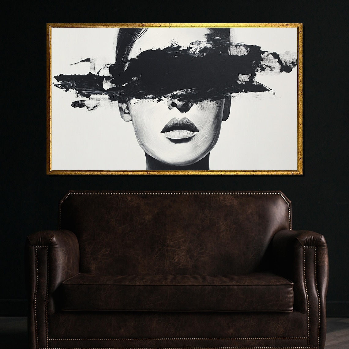 Minimalist Black White Woman Portrait Bold Brushstroke Modern Art Poster