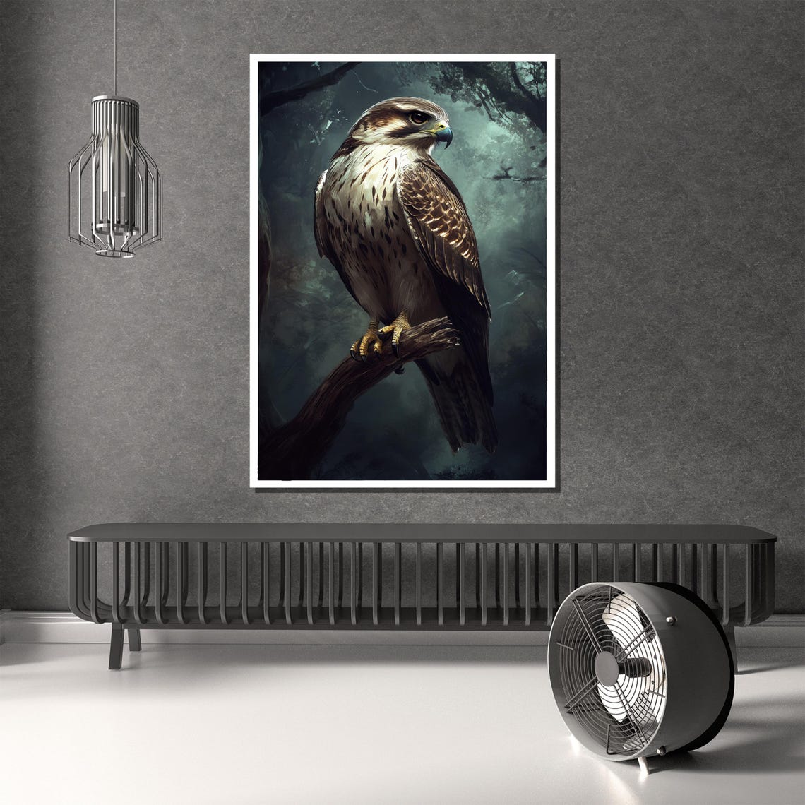 Falcon Perched on a Bare Branch in a Moody Dark Forest Poster - Image 2