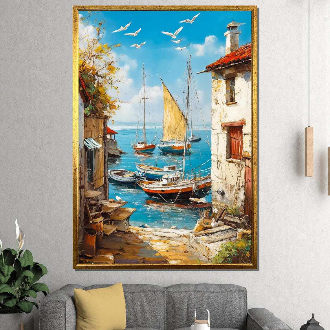 Mediterranean Harbor Wall Art Framed Coastal Print Boats And Seaside Artwork Large Nautical Dcor For Home Or Office