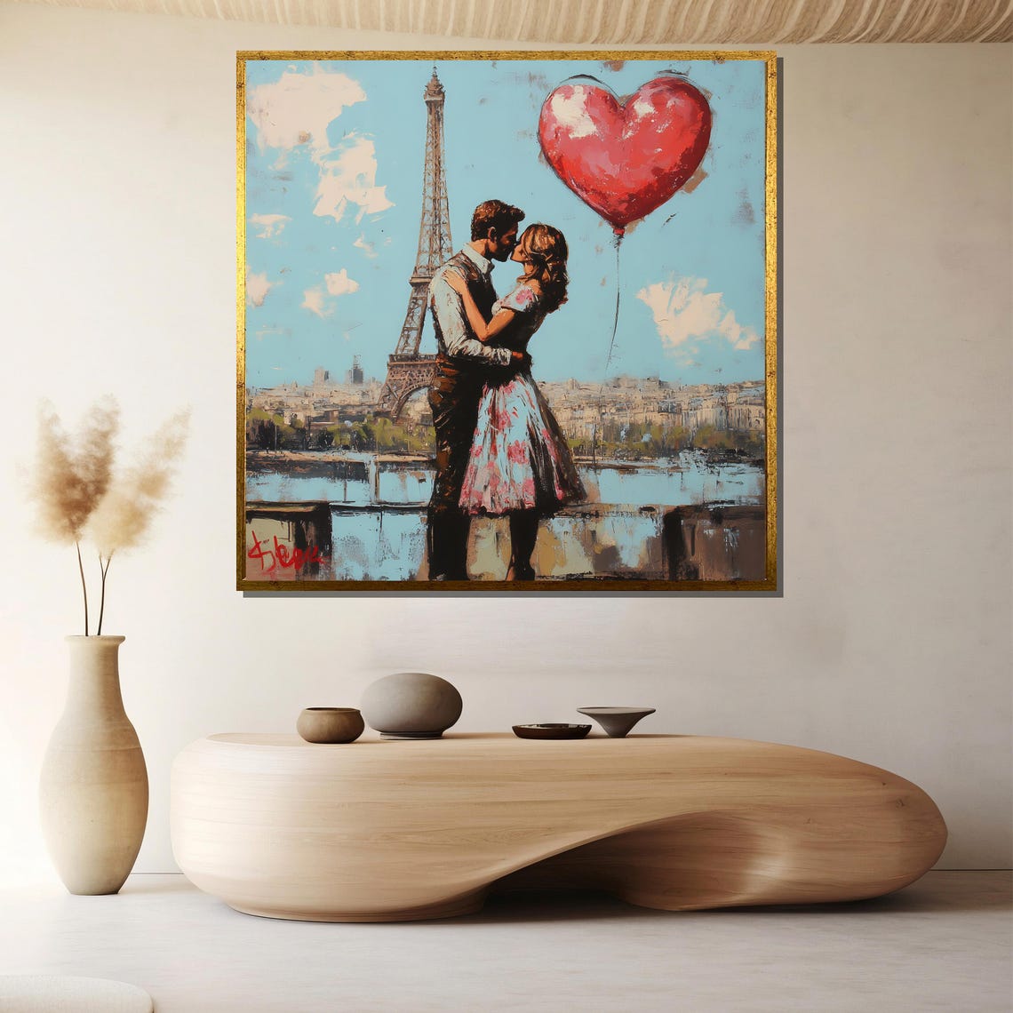 Paris Eiffel Tower Kiss Heart Balloon Romantic Terrace Art Poster