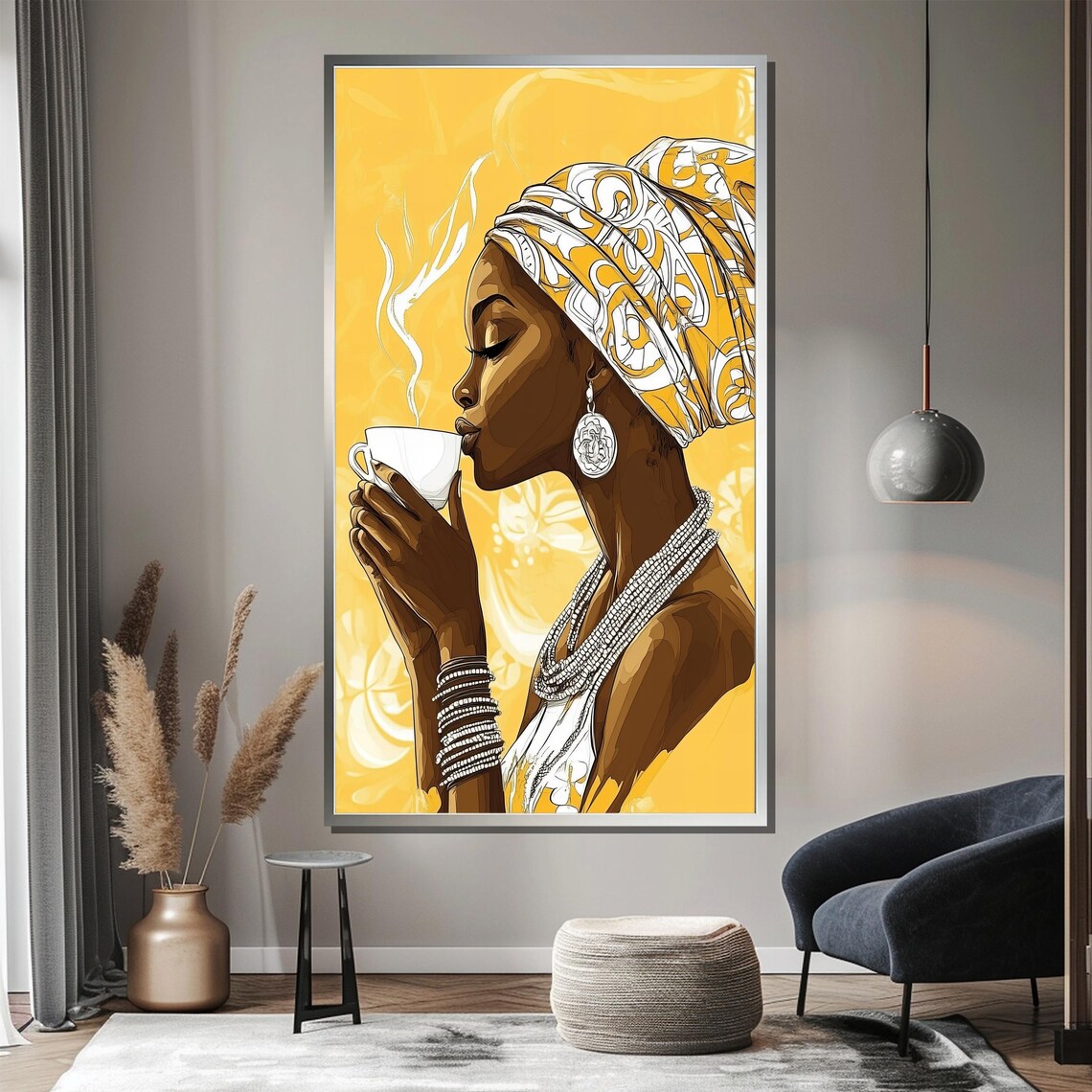 African Woman Sipping Coffee in Radiant Gold Modern Art Poster - Image 3