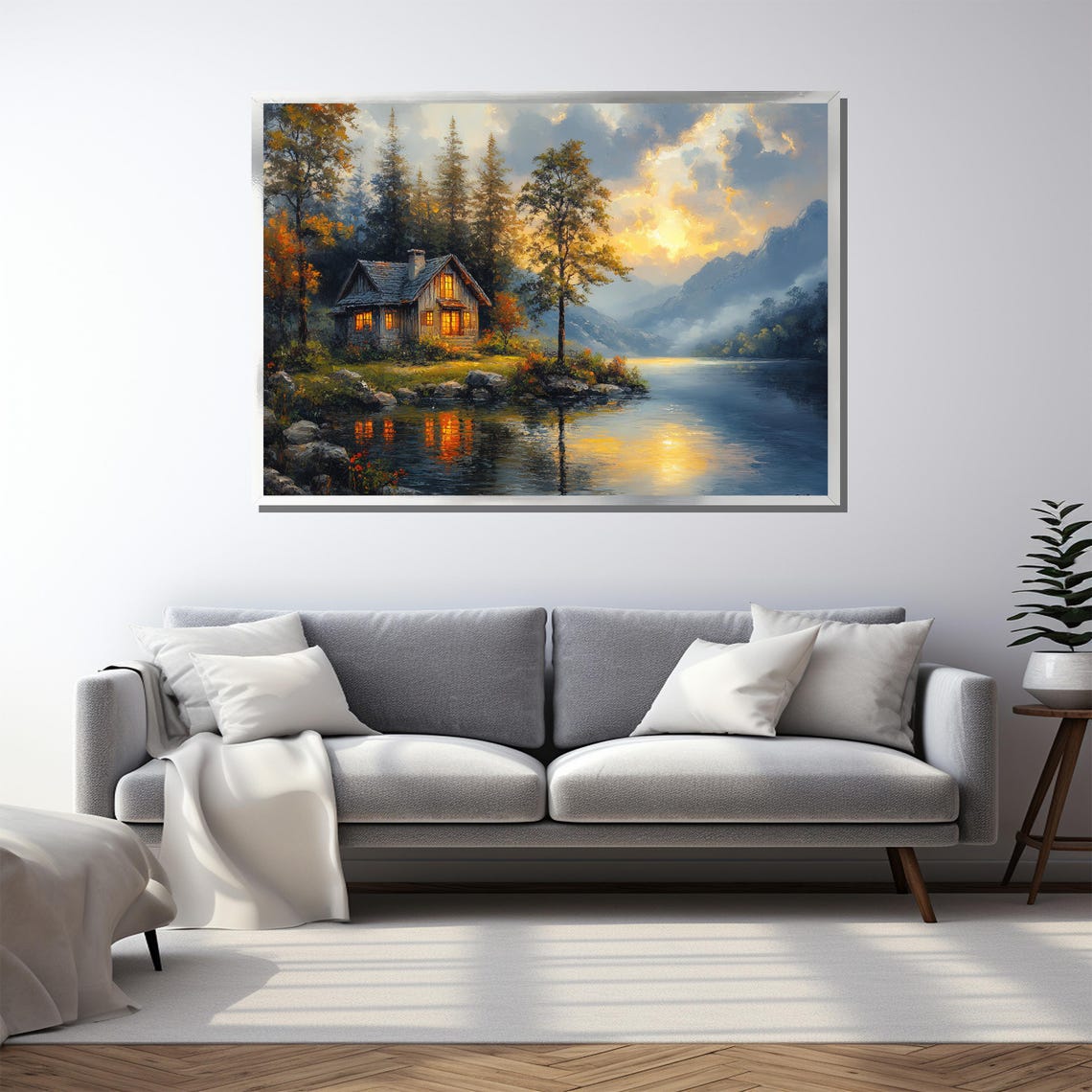 Cozy Cabin By The Lake At Dusk With Glowing Lights Art Poster - Image 3