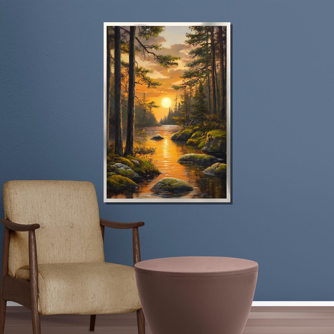 Golden Sunset Landscape Painting Nature Wall Art For Living Room Forest River Artwork Rustic Home Decor Gift - Image 3