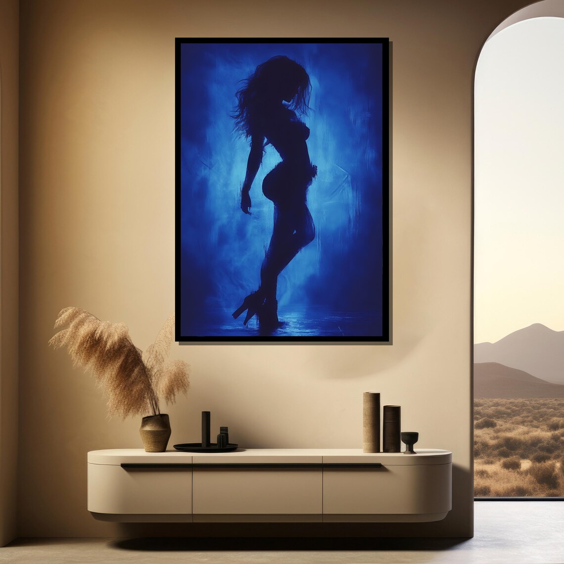 Mysterious Seductive Blue Silhouette of a Woman in High Heels Poster - Image 4