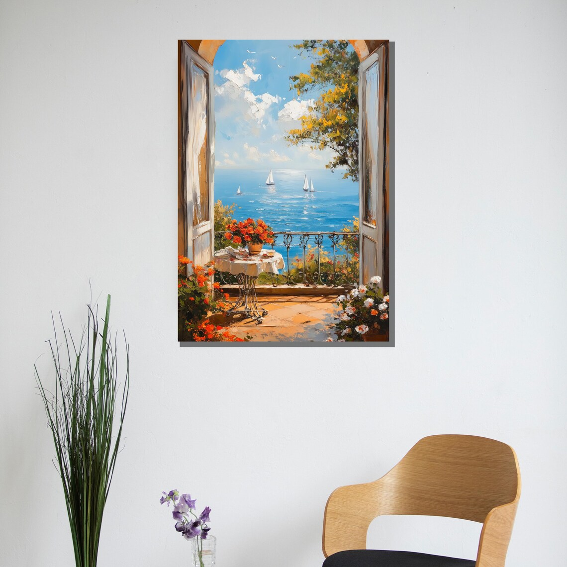 Coastal Balcony Terrace Overlooking Sailboats On Blue Sea Poster - Image 2