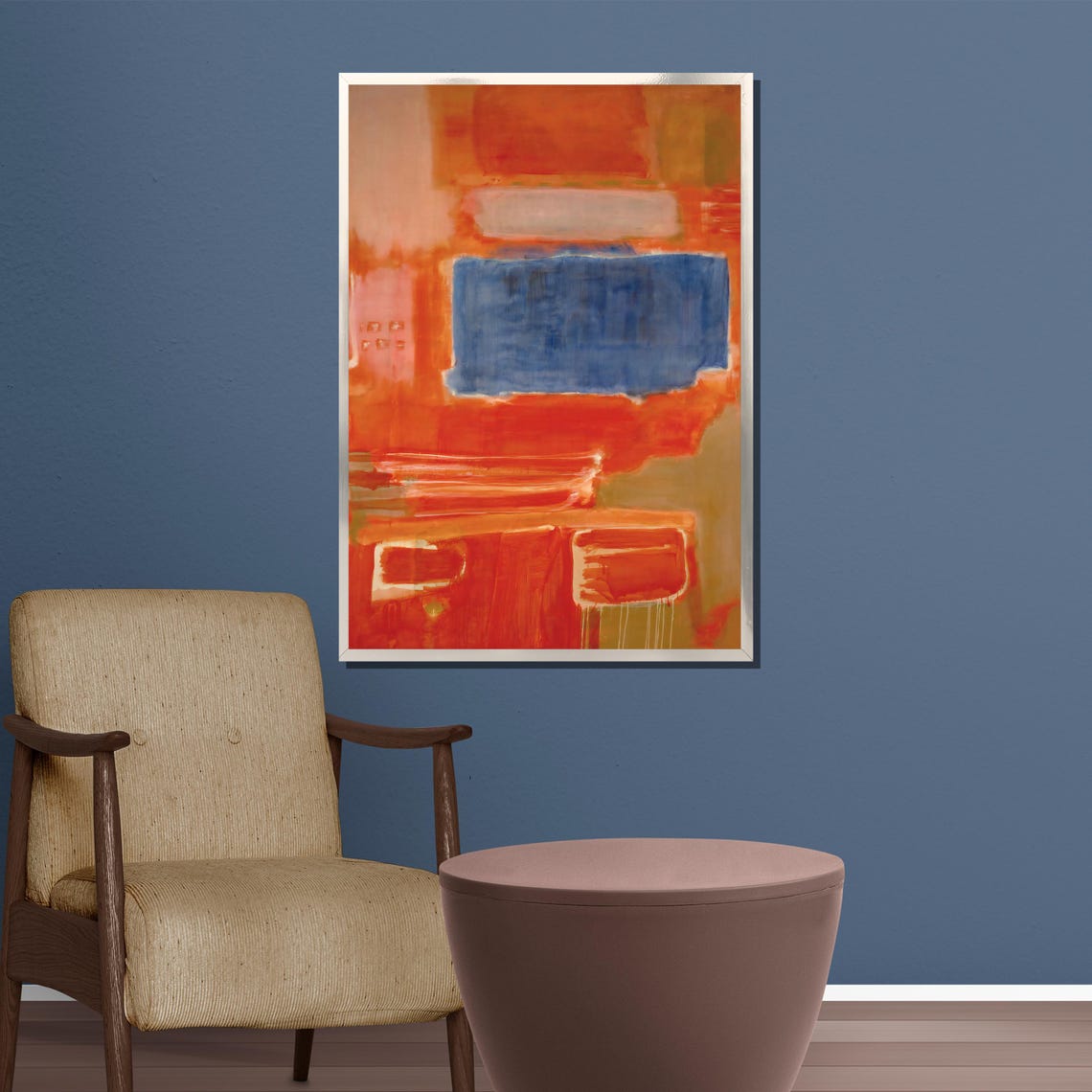 Vivid Orange Abstract With Bold Blue Rectangle Color Field Poster - Image 5
