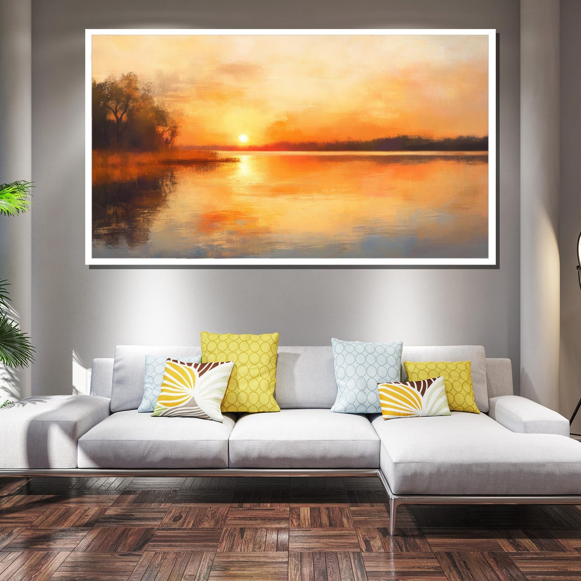 Golden Sunset Lake Reflection Calm Impressionist Nature Poster - Image 2