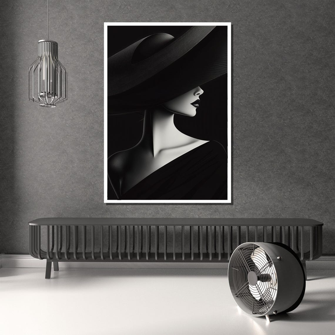 Minimalist Black White Woman Profile Under Wide Brim Hat Poster - Image 3