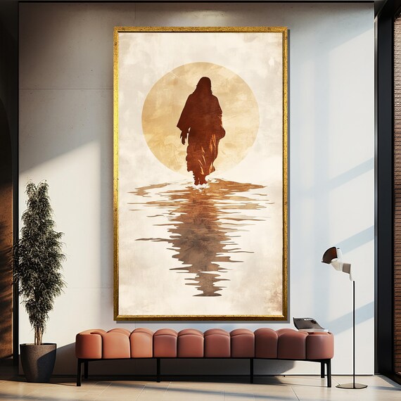 Minimalist Jesus Walking on Water Silhouette Sepia Sun Poster