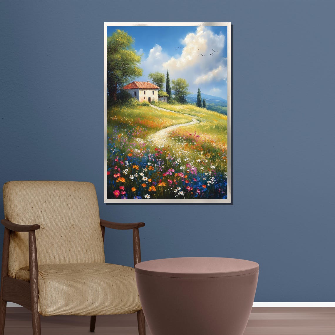 Countryside Cottage Wildflower Meadow and Winding Path Poster - Image 3