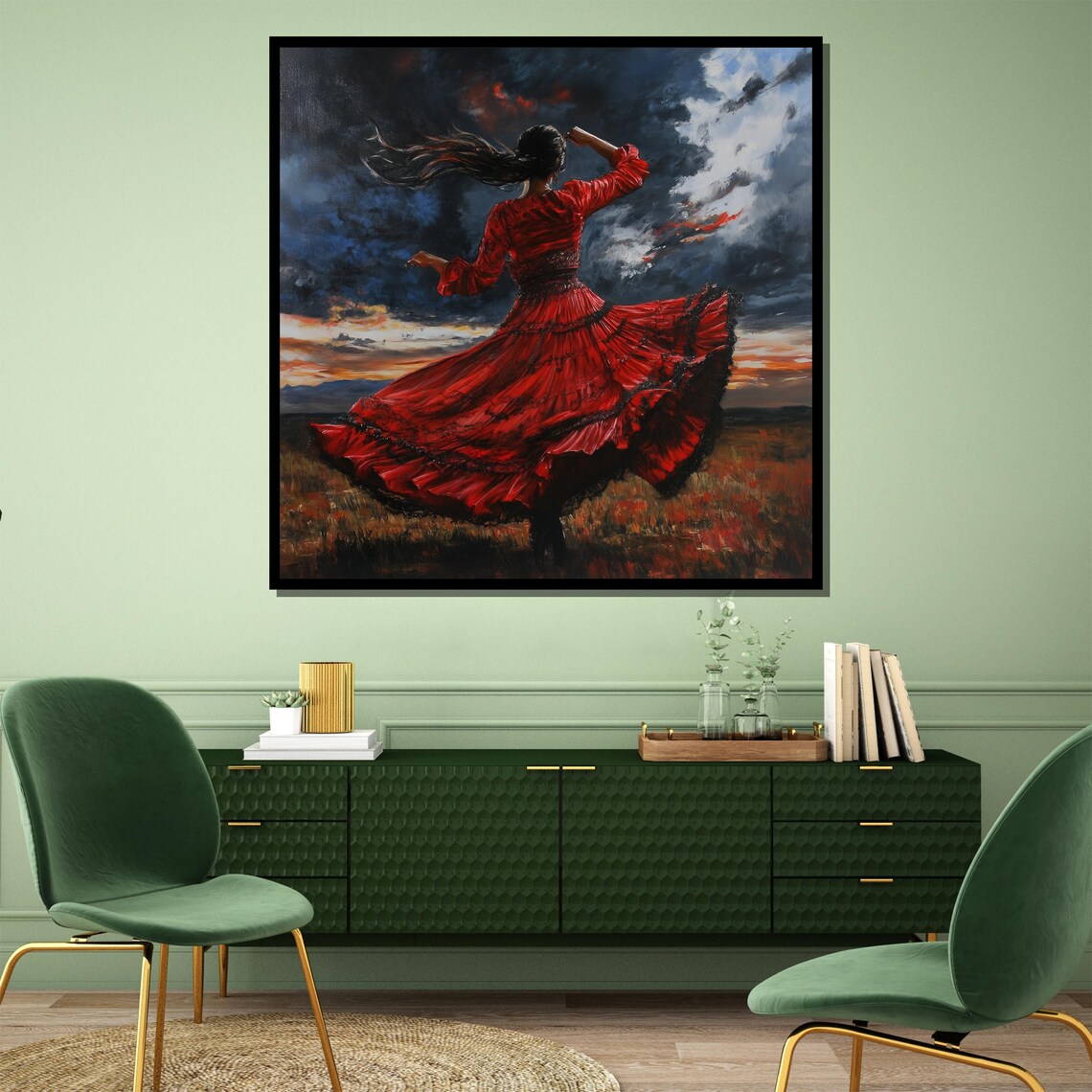 Woman Red Dress Stormy Sunset Field Twirl Painting Wall Poster - Image 4