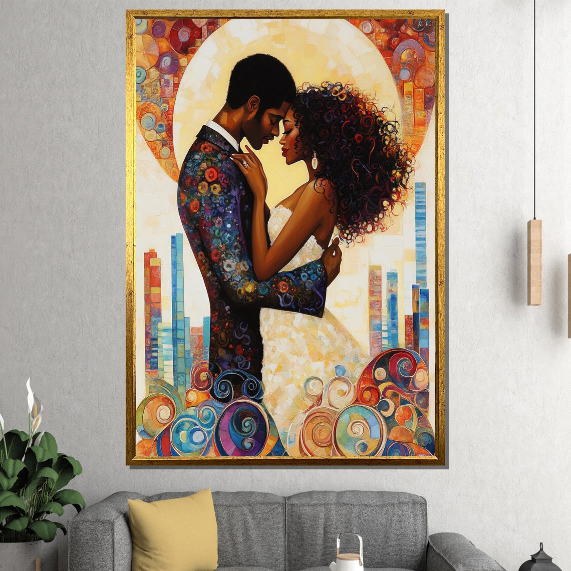 Vibrant Abstract Romantic Couple Embrace Modern City Art Poster