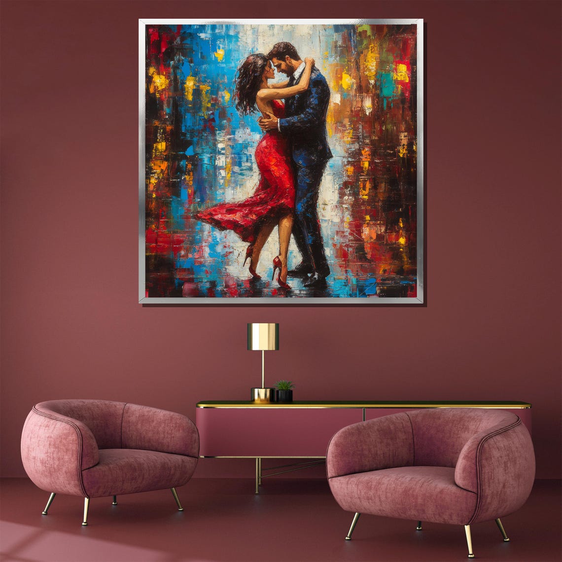 Romantic Tango Couple Embrace Painting in Red and Blue Poster - Image 3