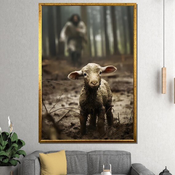 Lost Lamb in Misty Forest Path Shepherd Behind Faith Art Poster