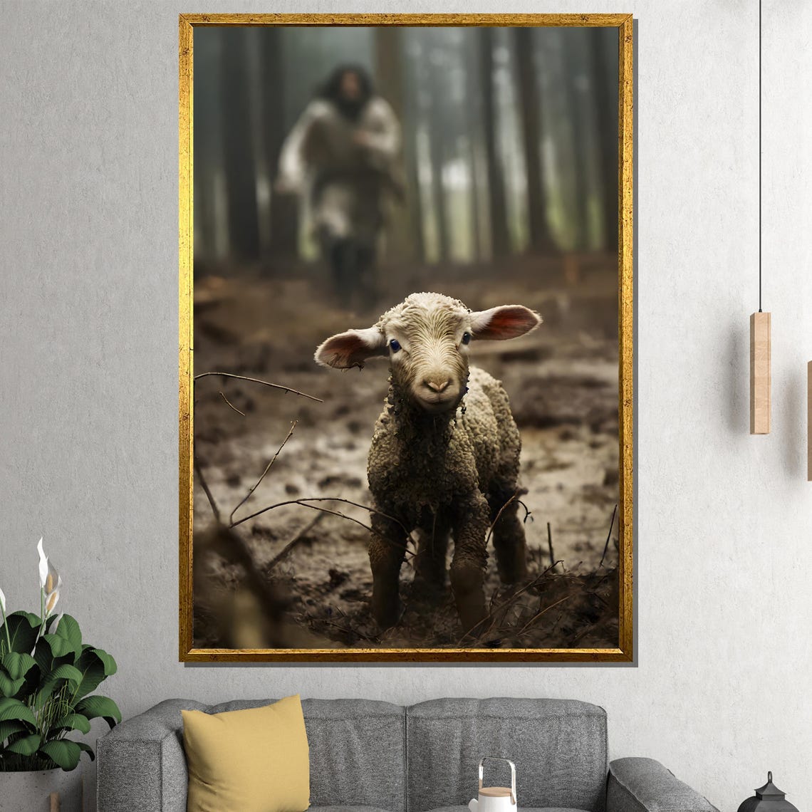 Lost Lamb in Misty Forest Path Shepherd Behind Faith Art Poster
