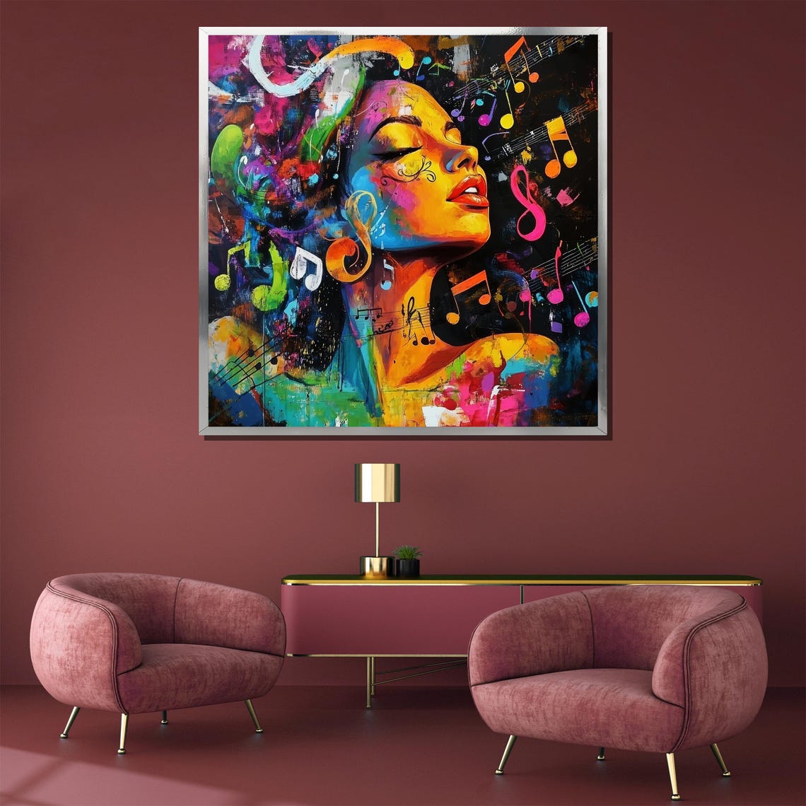 Colorful Music Inspired Portrait with Floating Notes Art Poster - Image 4