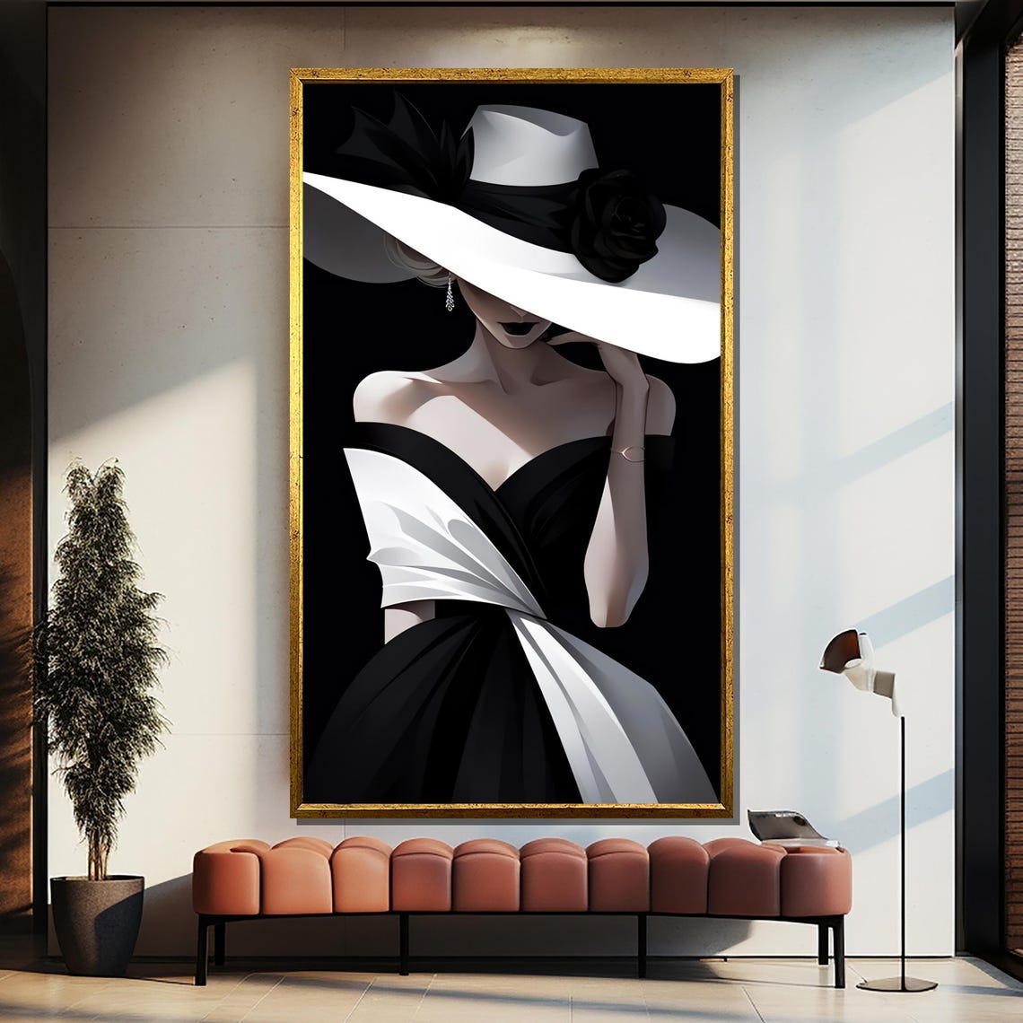 Timeless Woman In White Hat And Black White Gown Portrait Poster