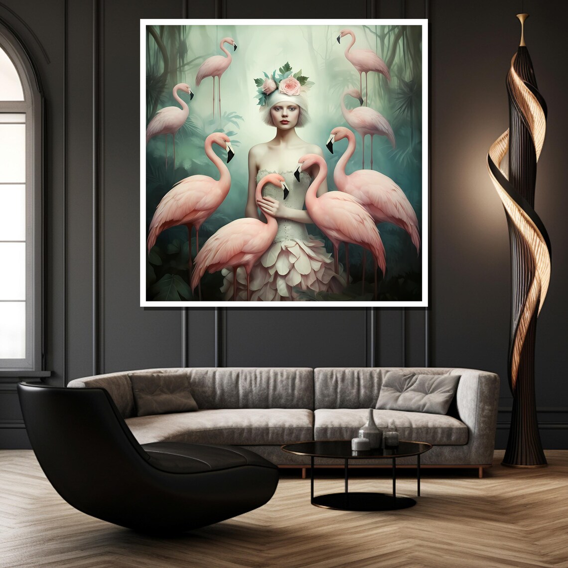 Whimsical Surreal Flamingo Woman Pink Birds Dream Art Poster - Image 3