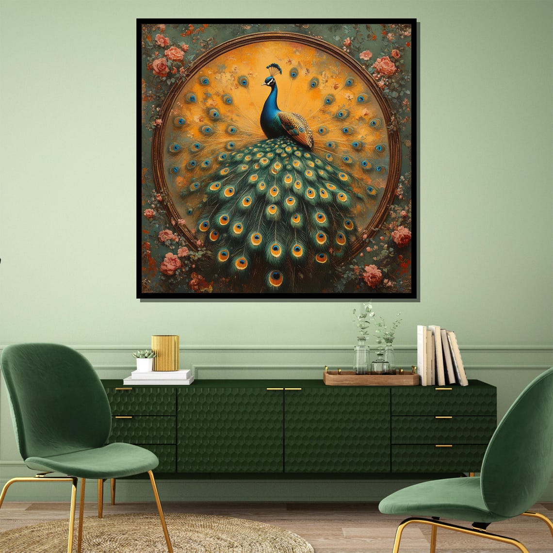 Ornate Peacock Feather Display Gilded Floral Frame Elegant Poster - Image 4