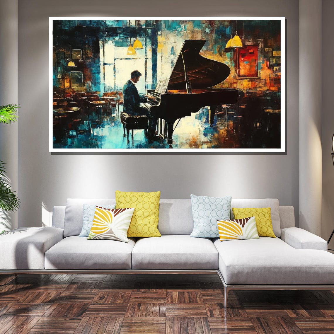 Pianist at Grand Piano in Moody Lamplit Cafe Impressionist Poster - Image 2