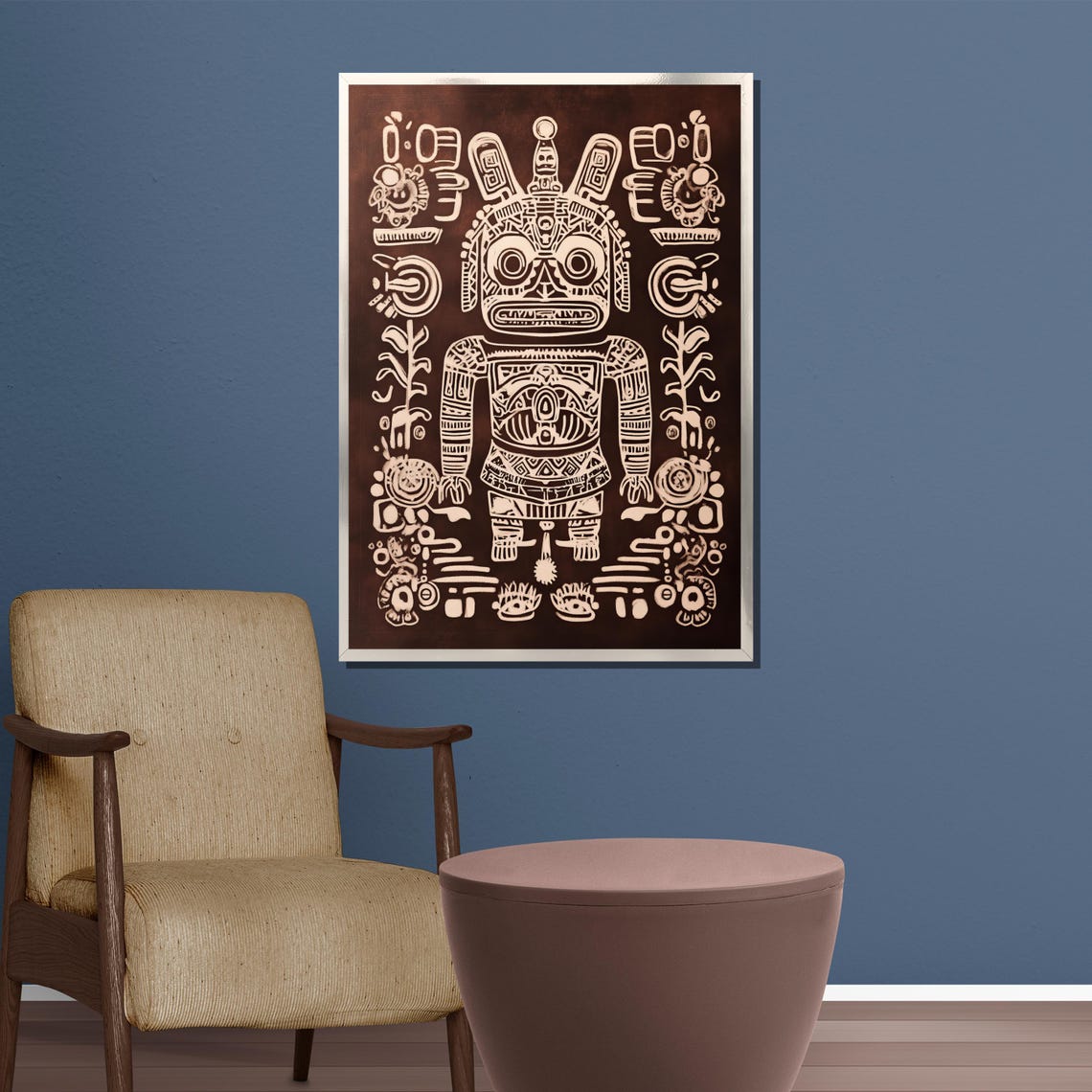 Ancient Tribal Totem Deity Mask in Earthy Glyph Style Painting Poster - Image 3