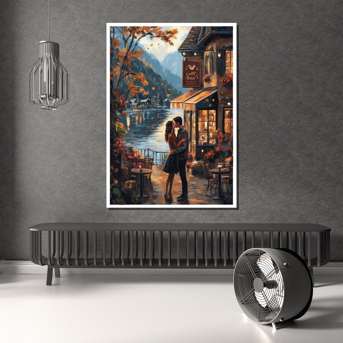 Romantic Lakeside Cafe Autumn Kiss Mountain Terrace Art Poster - Image 3