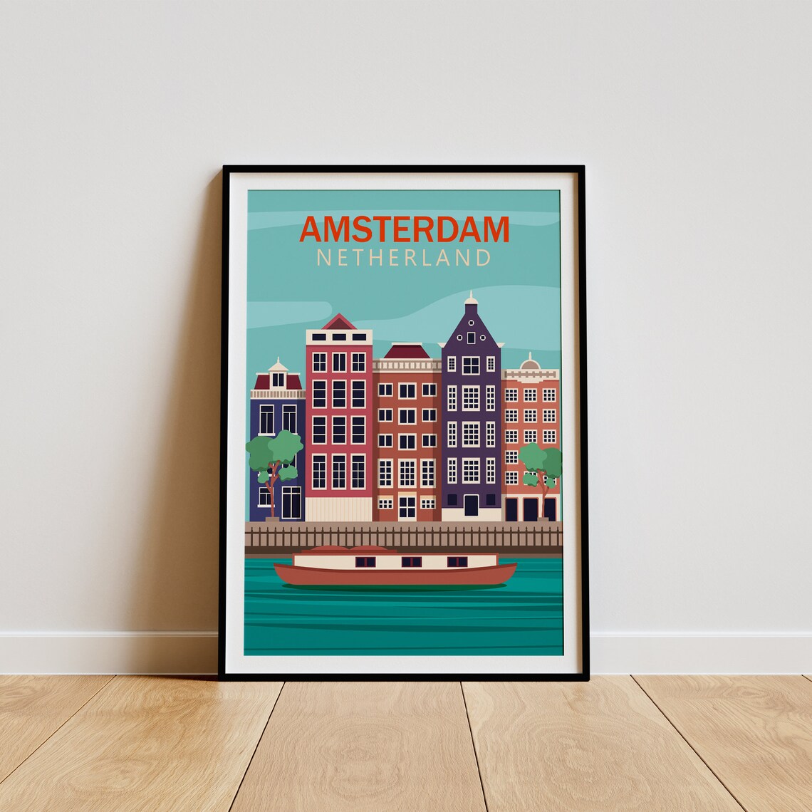 Amsterdam Canal Houses Houseboat Retro Dutch Travel Art Poster