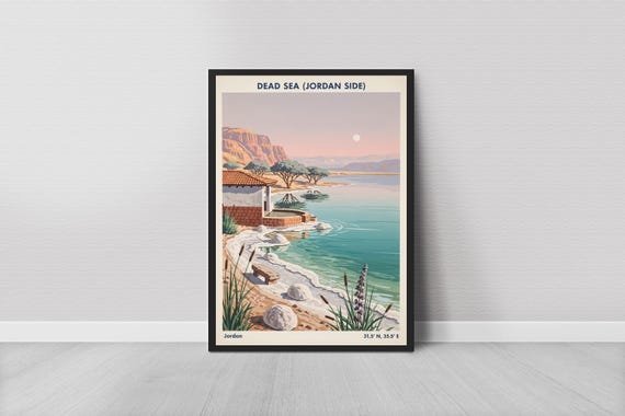 Dead Sea Poster Vintage Travel Gouache Blue Water And Cream Tones
