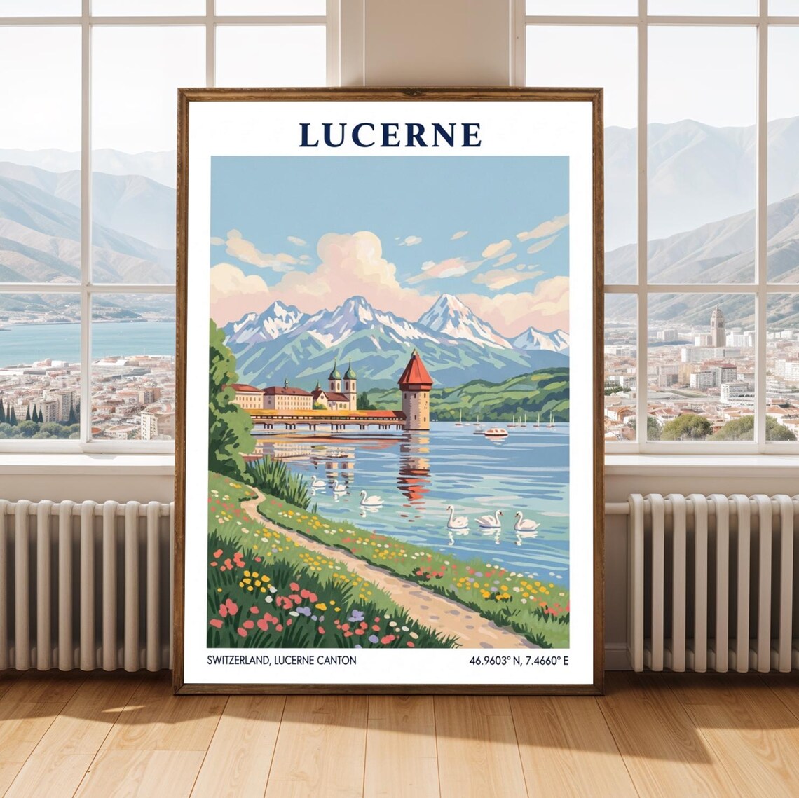 Lucerne Switzerland Lakeside Chapel Bridge Vintage Travel Poster