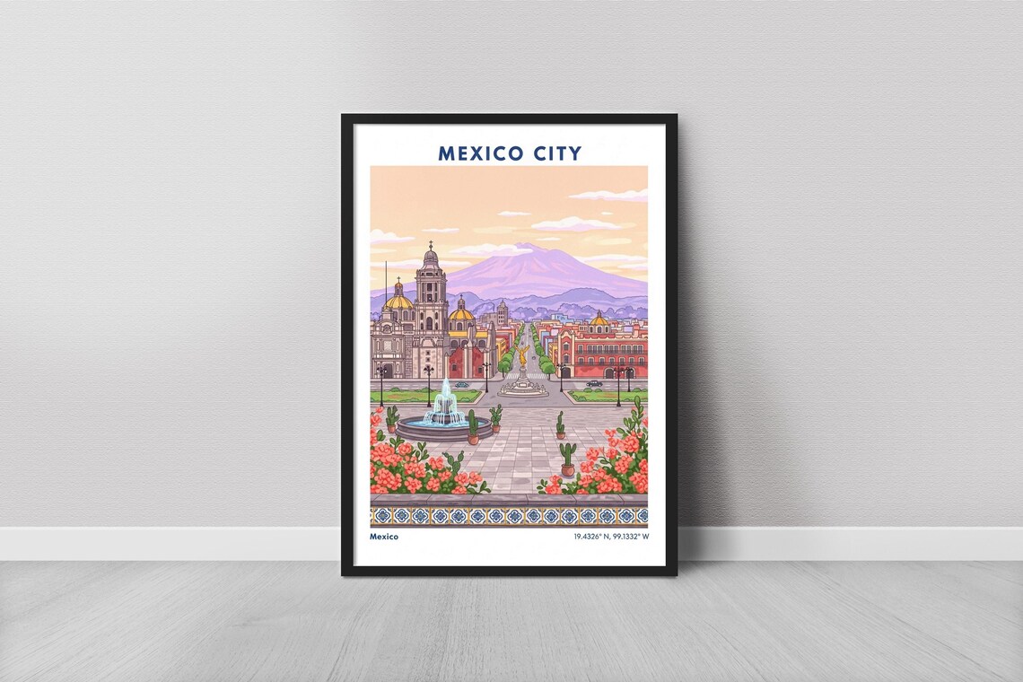 Mexico City Cathedral Plaza Fountain Volcano View Travel Poster