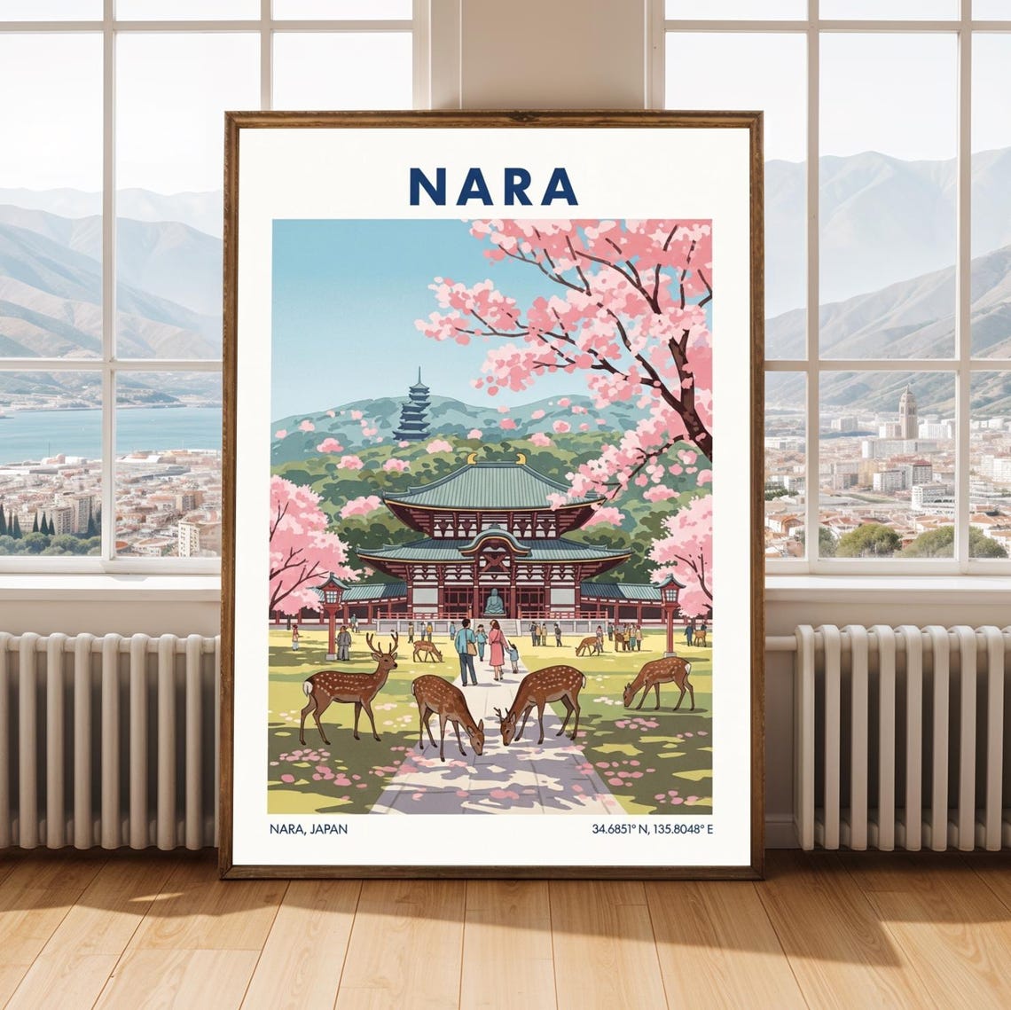 Nara Japan Cherry Blossom Temple Deer Vintage Travel Poster Art