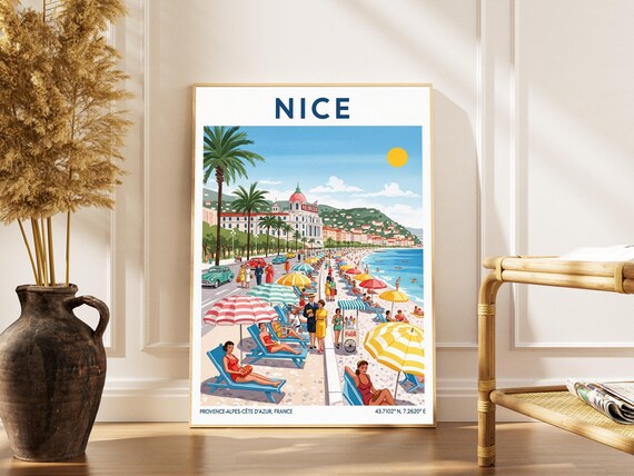 Nice France Travel Poster of the Promenade and Beachfront Hotels