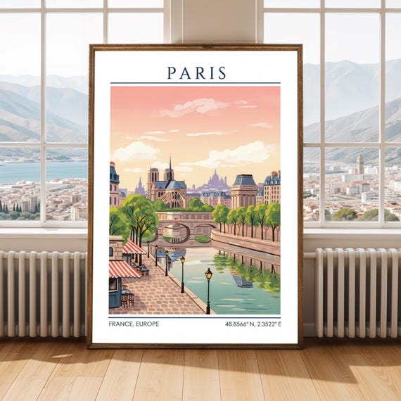 Paris Cityscape Print Peach Pink French Landmark Illustration