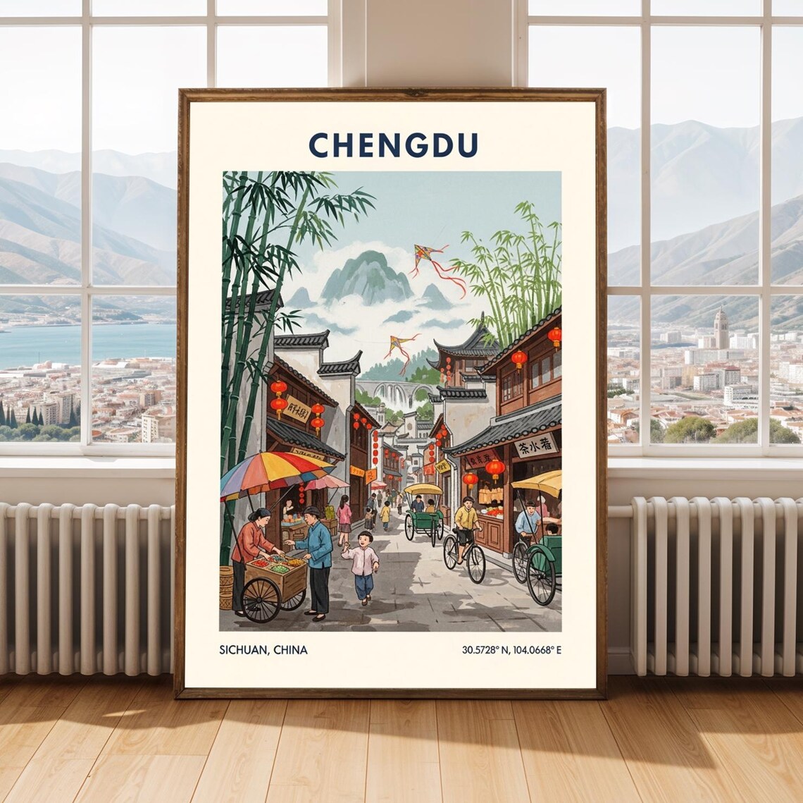 Chengdu China Vintage Travel Poster Old Town Lanterns Street Scene