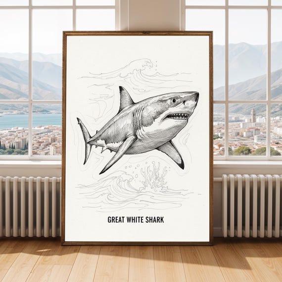 Great White Poster Black And Art Fine Line Sketch Crosshatching Illustration Lovers Gift Home Decor