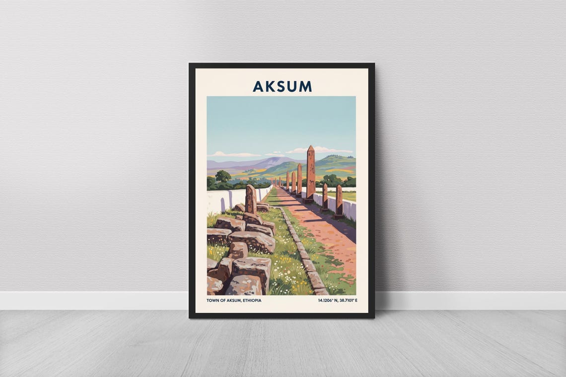 Aksum Ethiopia Obelisk Stelae Ancient Ruins Vintage Travel Poster