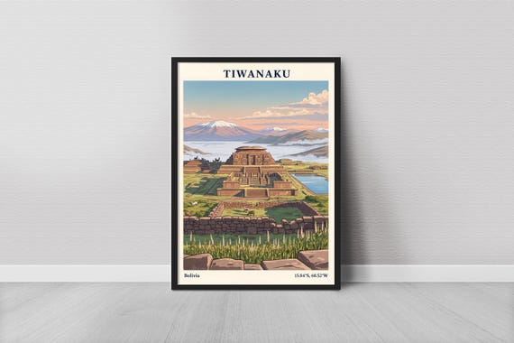 Tiwanaku Art Print Vintage Travel Temple Complex Purple Sky And Stone Tones