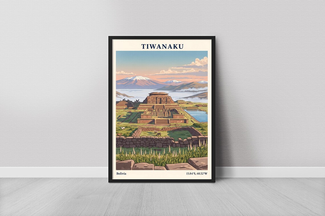 Tiwanaku Bolivia Ancient Ruins Stone Temples Vintage Travel Poster