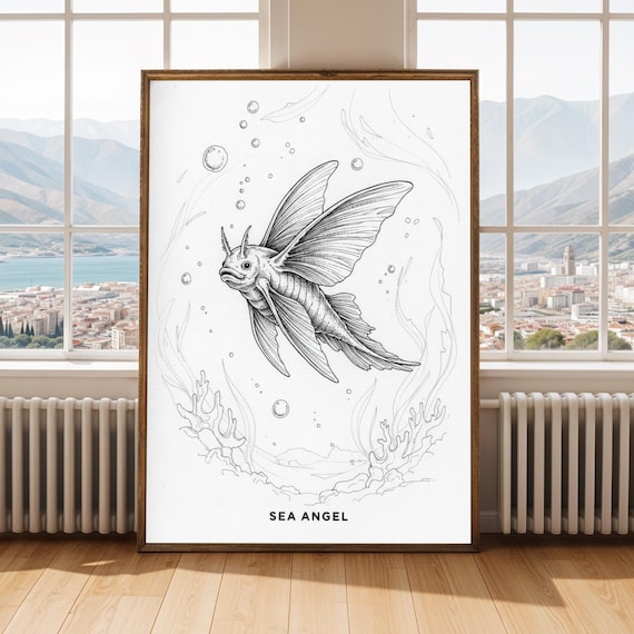 Sea Angel Fine Line Ink Drawing Winged Ocean Creature Art Poster