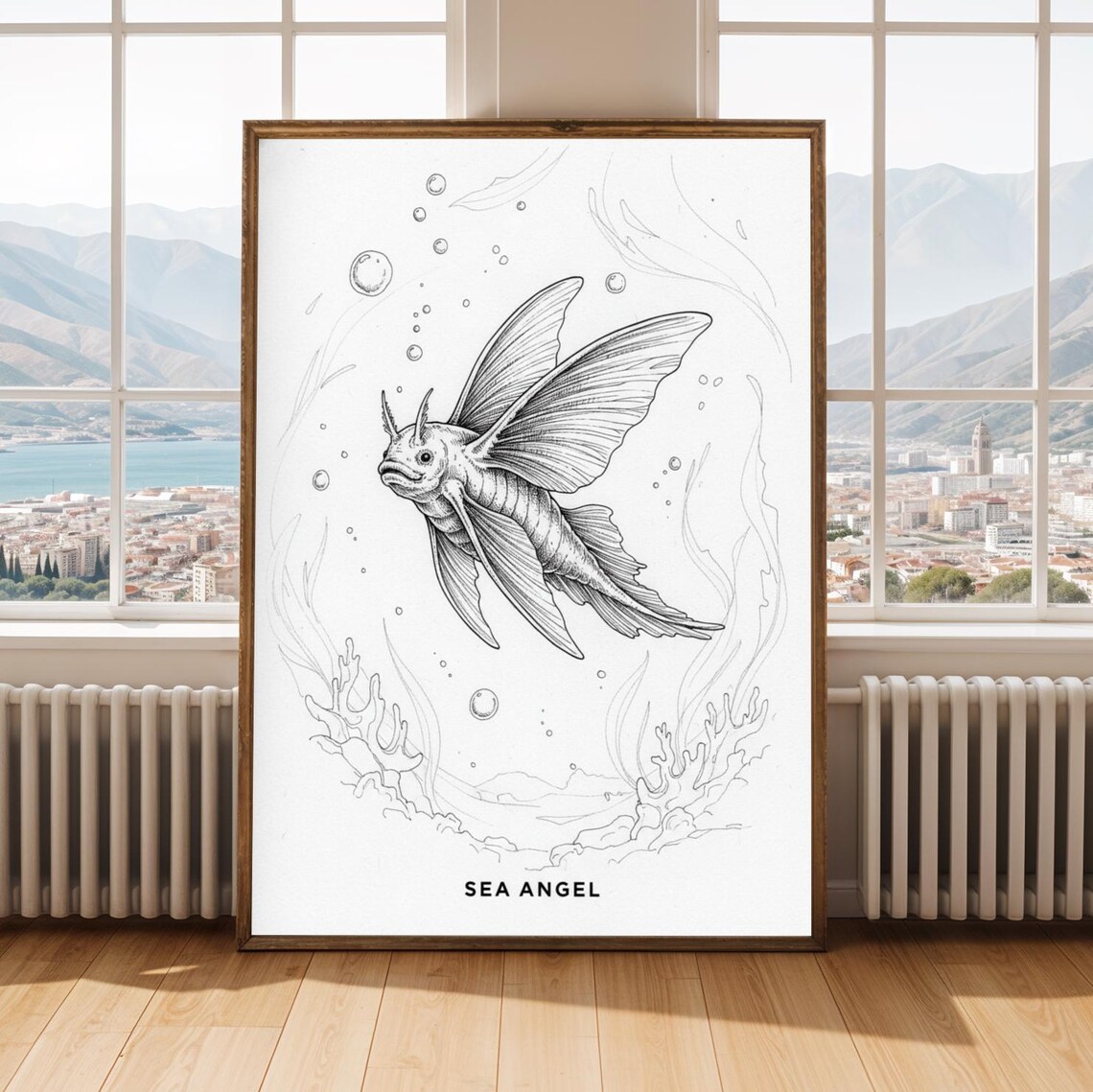 Sea Angel Fine Line Ink Drawing Winged Ocean Creature Art Poster