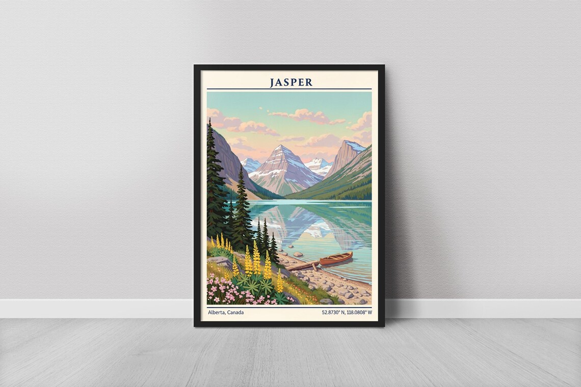 Jasper Alberta Canada Canoe Mountain Lake Wildflowers Travel Poster