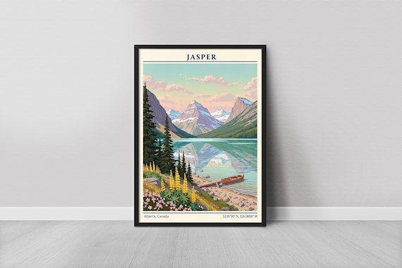 Jasper Alberta Canada Canoe Mountain Lake Wildflowers Travel Poster
