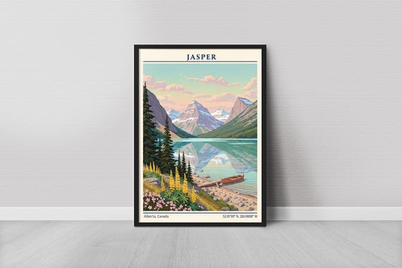 Jasper Art Print Vintage Travel Canadian Rockies Lake Scene With Boat Blue And Teal