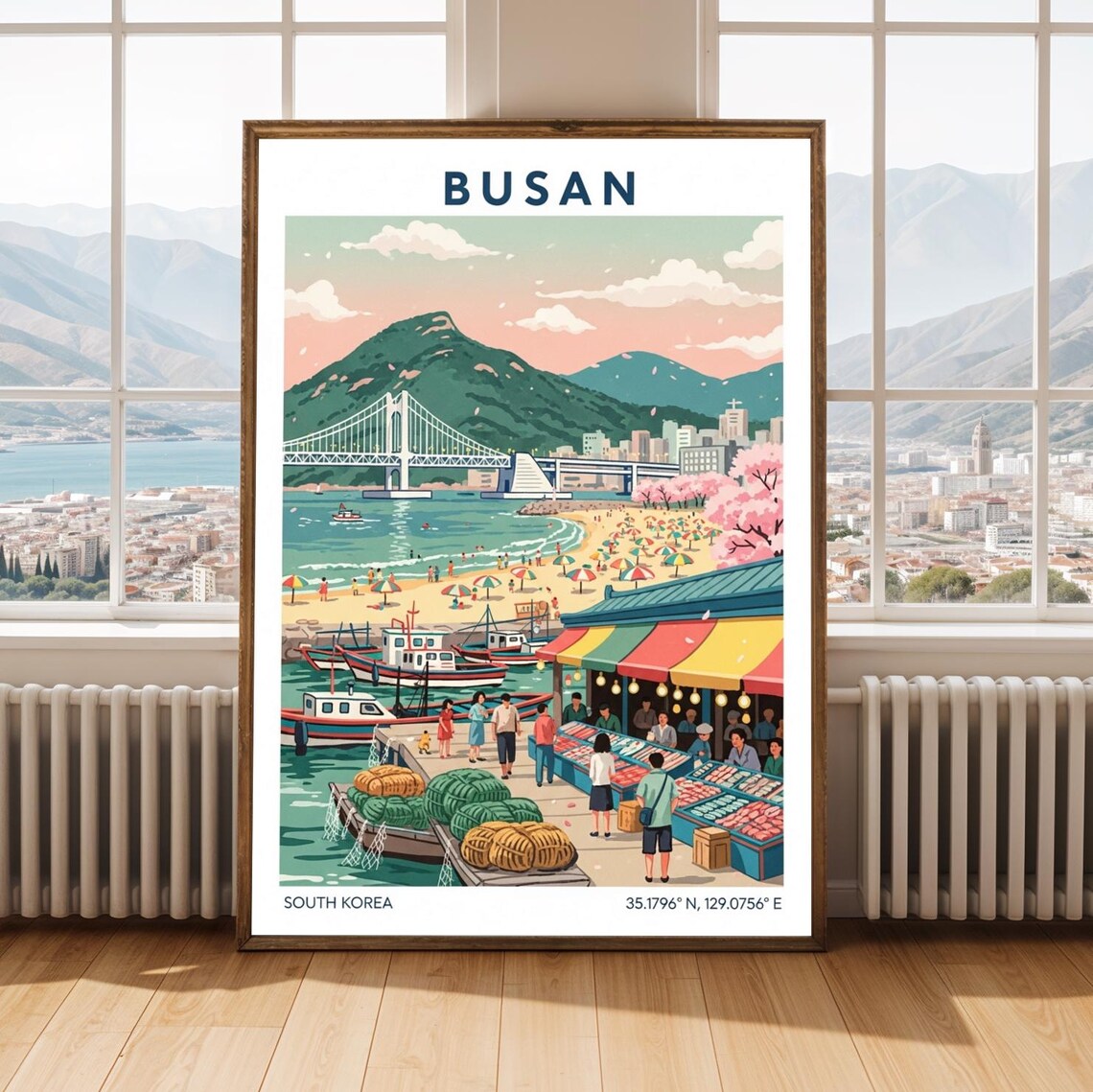 Busan South Korea Vintage Travel Poster Beach Harbor Market Scene