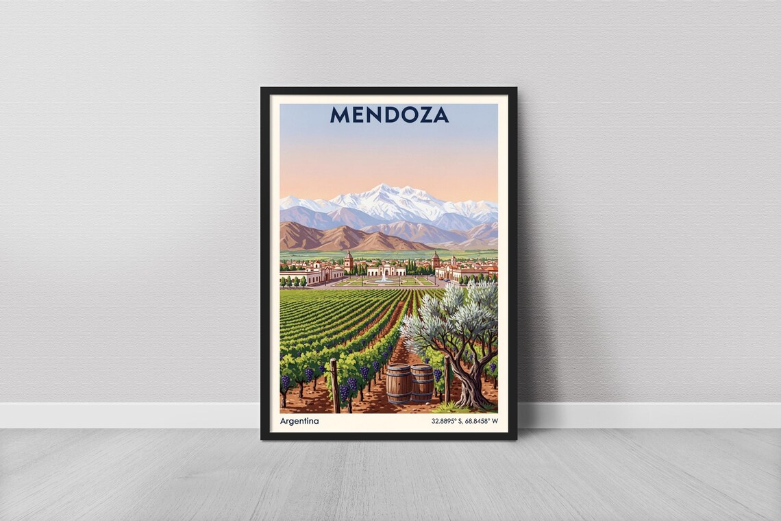 Mendoza Argentina Vineyard Wine Country Sunset Travel Poster