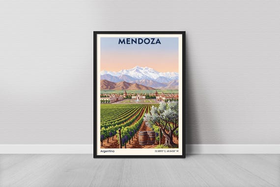 Mendoza Art Print Vintage Travel Style Green Vines And Mountains Argentina