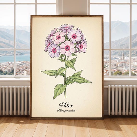 Phlox Botanical Print Pink Floral Watercolor Vintage Style